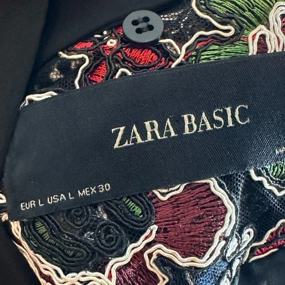 Zara Embroidered Floral Appliqué Blazer Black Jacket SZ L